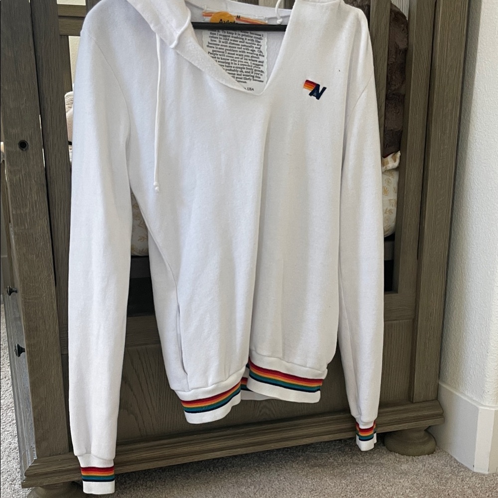 White Hoodie with Rainbow Trim